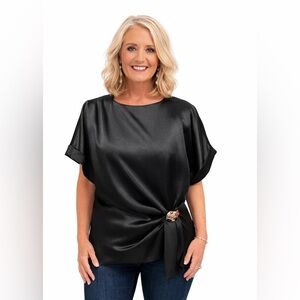 Glam Black Satin Blouse with Side Knot Size Small NWT